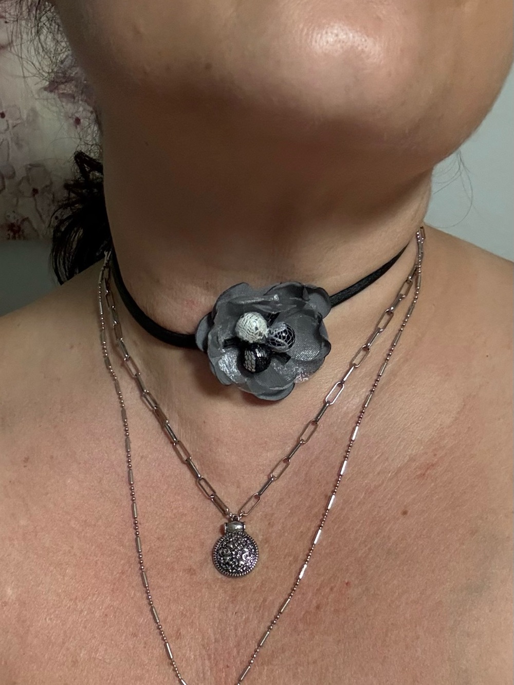 Layered Silver  Necklace Set with Gray Flower Choker